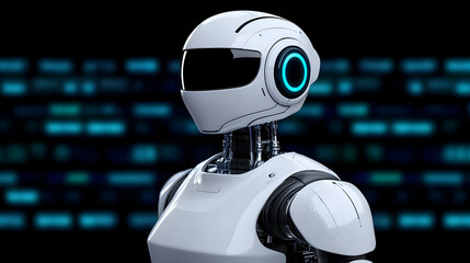 Futuristic white humanoid robot glancing to the left with digital binary code backdrop symbolizing technological progress and ai