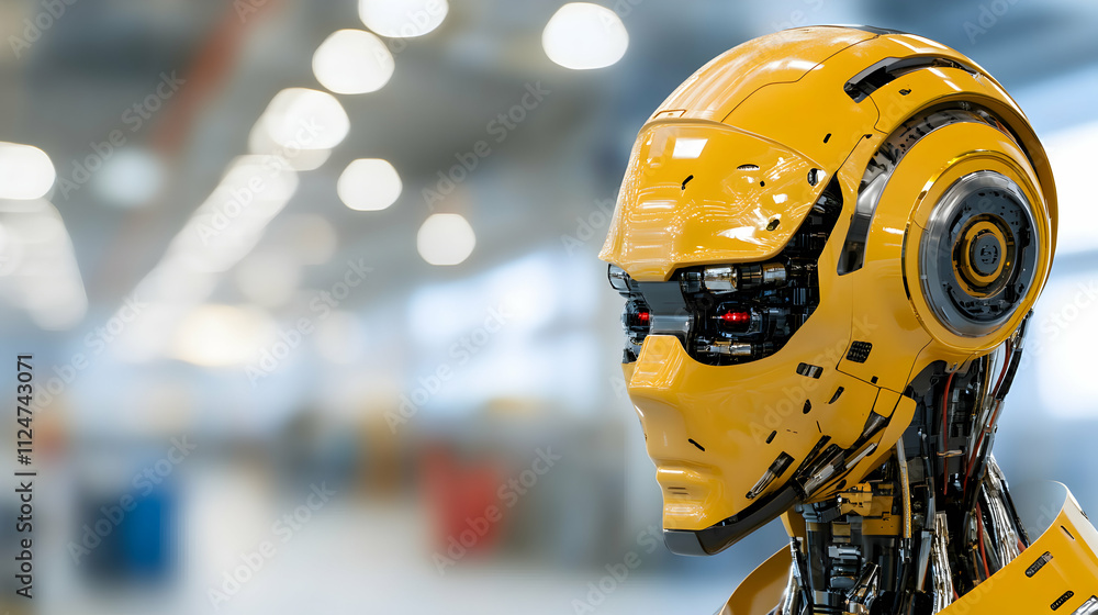 Poster yellow automaton with intricate mechanical details and glowing red eyes stands in a blurred industri