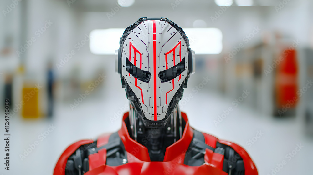 Aufkleber high tech humanoid robot in red and white armor with glowing eyes in a modern, brightly lit industri