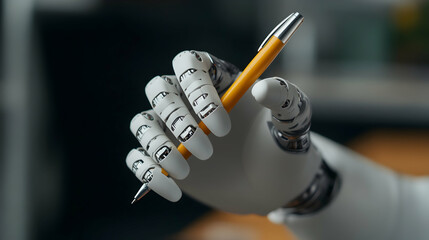 Close up of a robotic hand holding a yellow pen, demonstrating the fusion of artificial intelligence in creative and professional endeavors