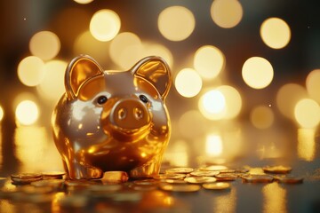 Piggy bank coins bokeh background warm lighting financial savings shiny ceramic pig close-up