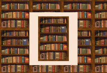 Old cozy yellow wooden bookcase. Seamless hand drawn illustrated wallpaper for bookstore, library, institute, science center