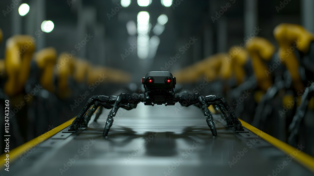 Aufkleber futuristic spider like robot with glowing red eyes being assembled in a high tech factory, surrounde