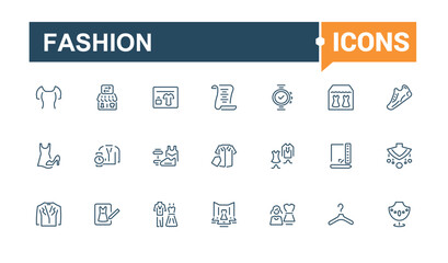 Fashion vector line icon set. Includes icons for woman, out, clothing, bra, accessories, lingerie and more. Minimalist thin linear icon. Editable vector illustration.