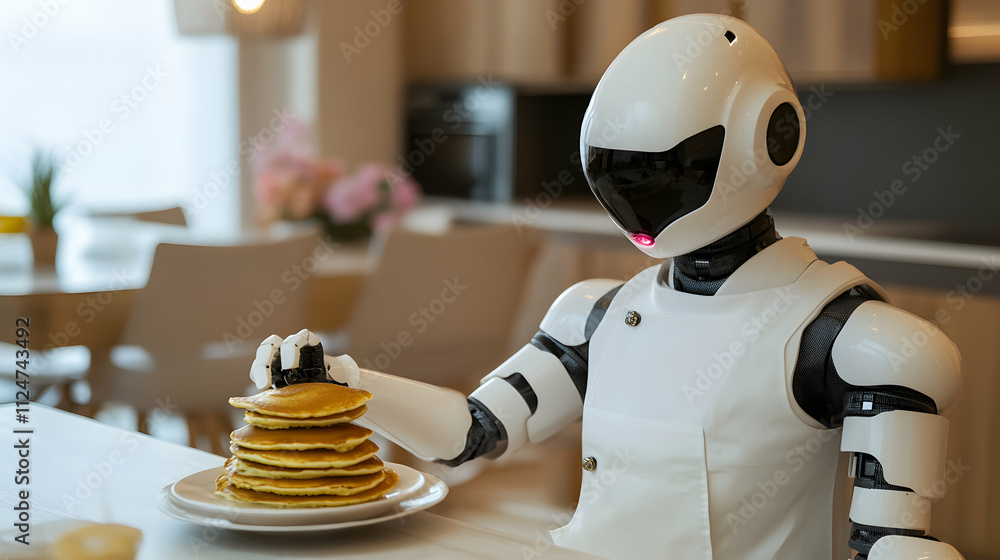 Aufkleber advanced robotic chef in a white uniform skillfully makes a stack of pancakes in a modern, well lit 