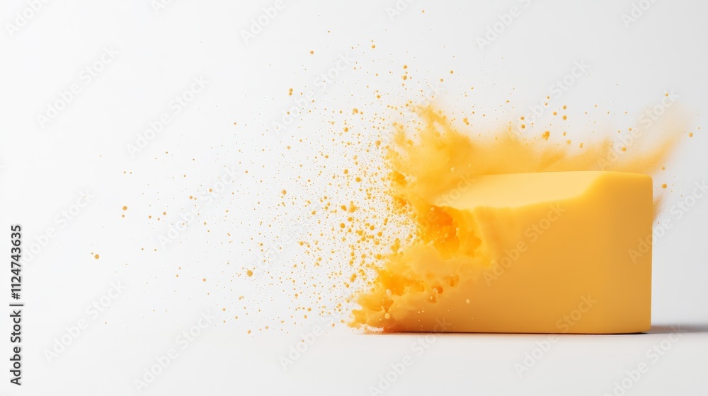 Poster bright yellow cheese block with burst effect over light background capturing dynamic motion and fres