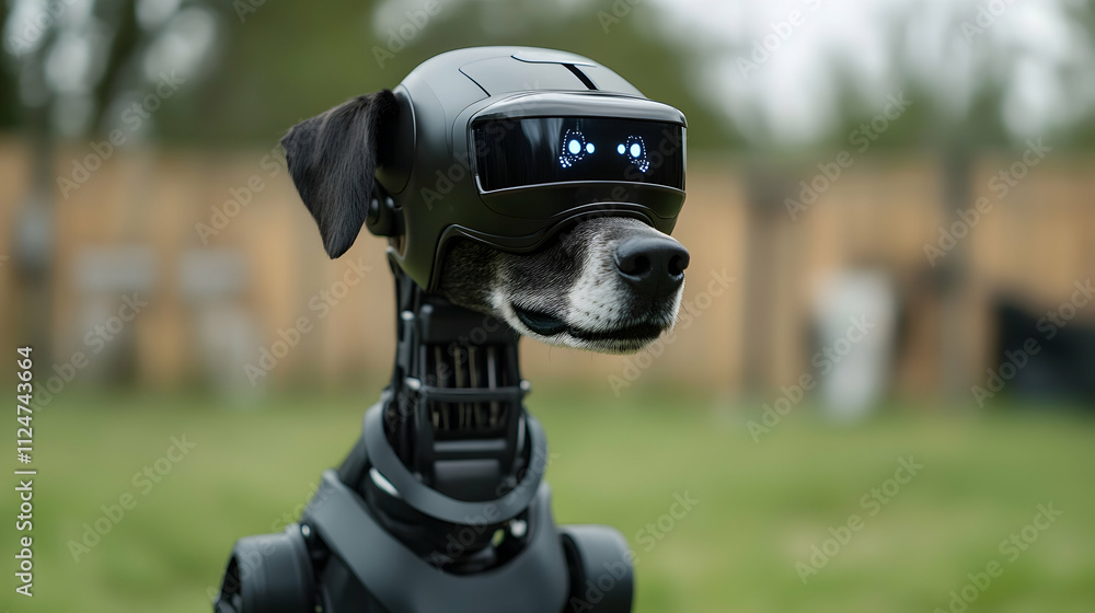 Aufkleber robot dog equipped with a futuristic visor stands in a blurred outdoor setting, showcasing cutting e