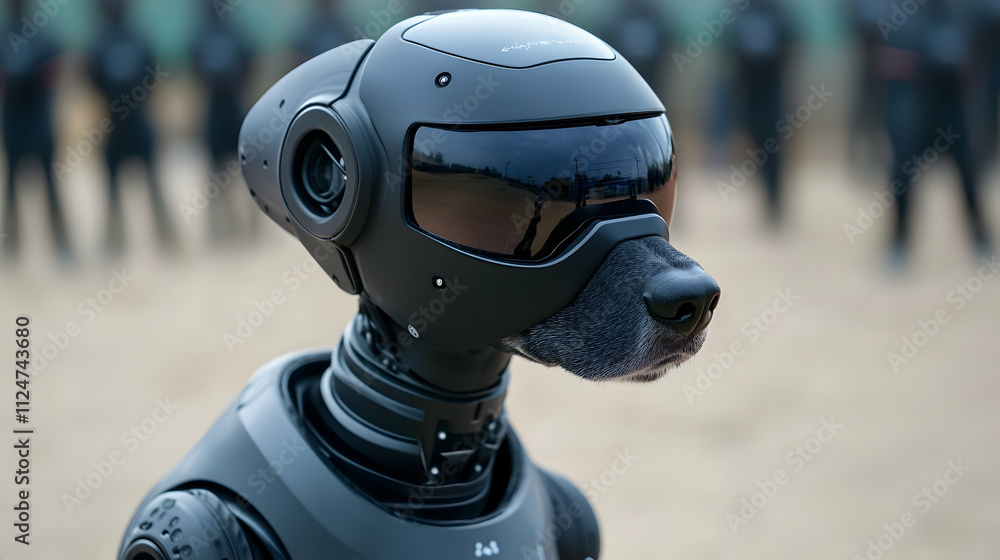 Poster futuristic robot dog equipped with helmet and visor stands in surveillance environment, possibly ove