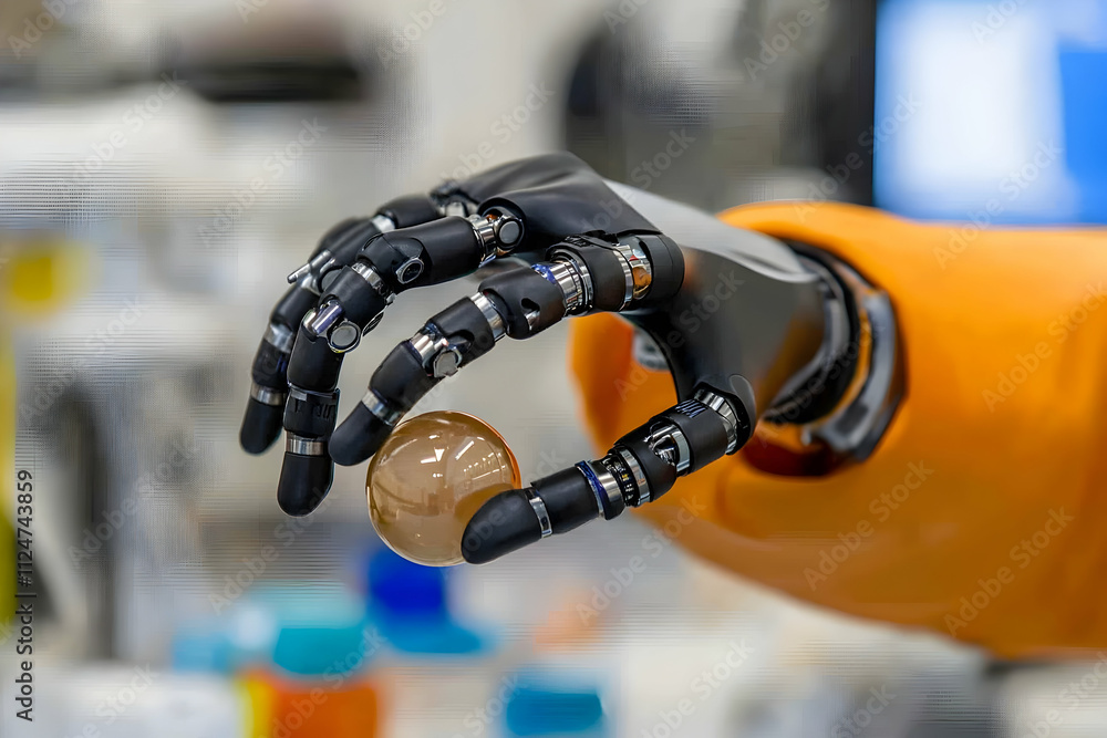 Poster high tech robotic arm with advanced features delicately manipulating a transparent sphere in a moder