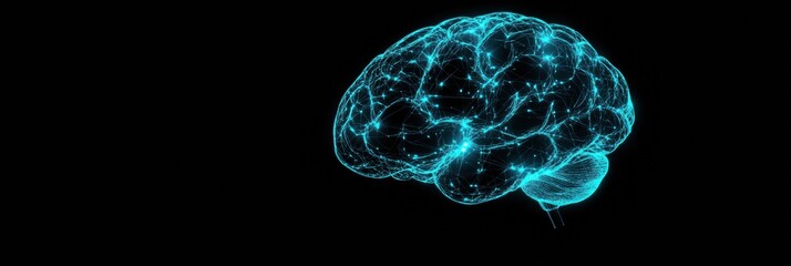 This close-up illustrates a brain with luminous blue neural pathways, highlighting brain functions and connections against a black background. Generative AI