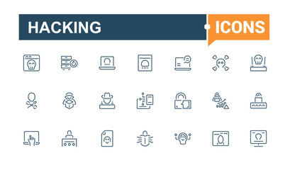 Hacking line icons set. Containing spam, cyberspace, hacker, criminal, security, virus, hack, threat. Minimalist thin linear icon. Vector icons editable stroke.