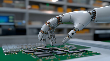 Cutting edge robotic hand carefully examining a sophisticated circuit board, demonstrating the power of automation in contemporary electronics production in a state of the art lab setting