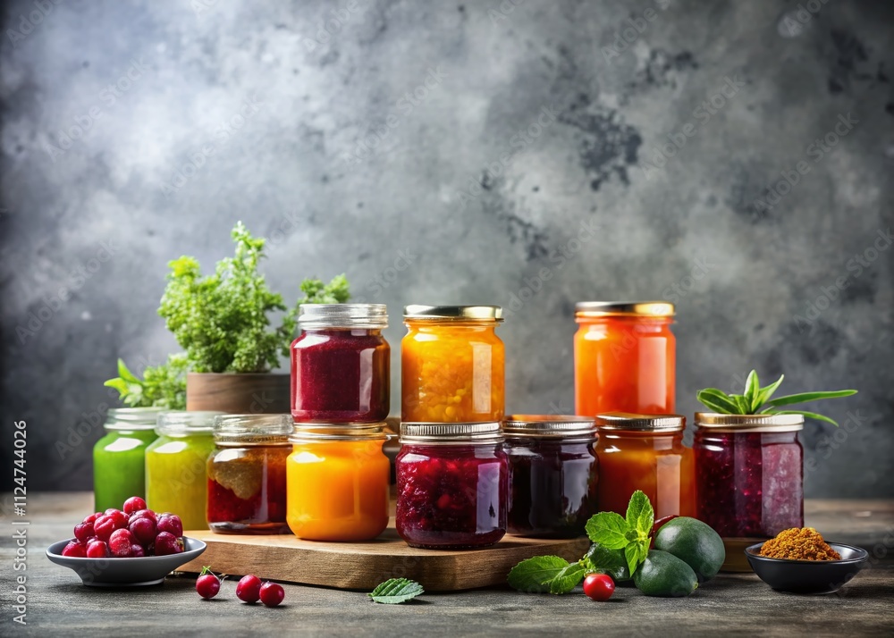 Poster assortment of colorful jams in elegant jars on a neutral grey background with ample copy space for t