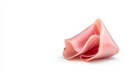 Curled slices of delectable ham on a bright white background, showcasing the texture and color variations of premium delicatessen meat for culinary presentations.