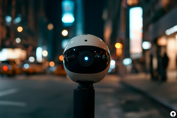 Cutting edge 360 degree camera on a pole, actively surveilling a busy city street at night, capturing the dynamic lights and motion of urban life with state of the art technology