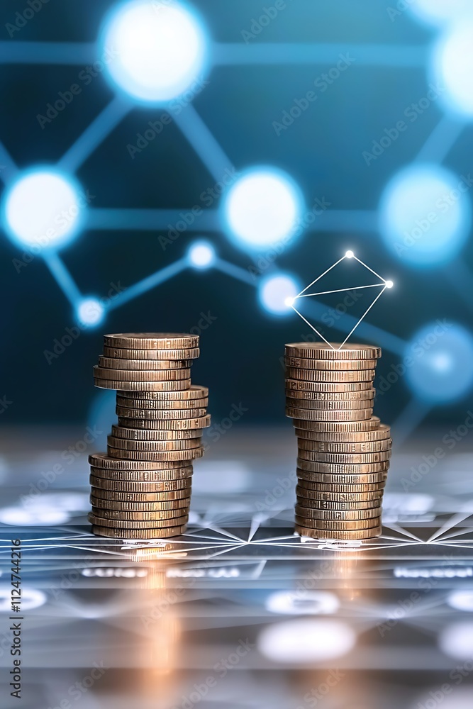 Poster a stack of coins is on a table with a blue background