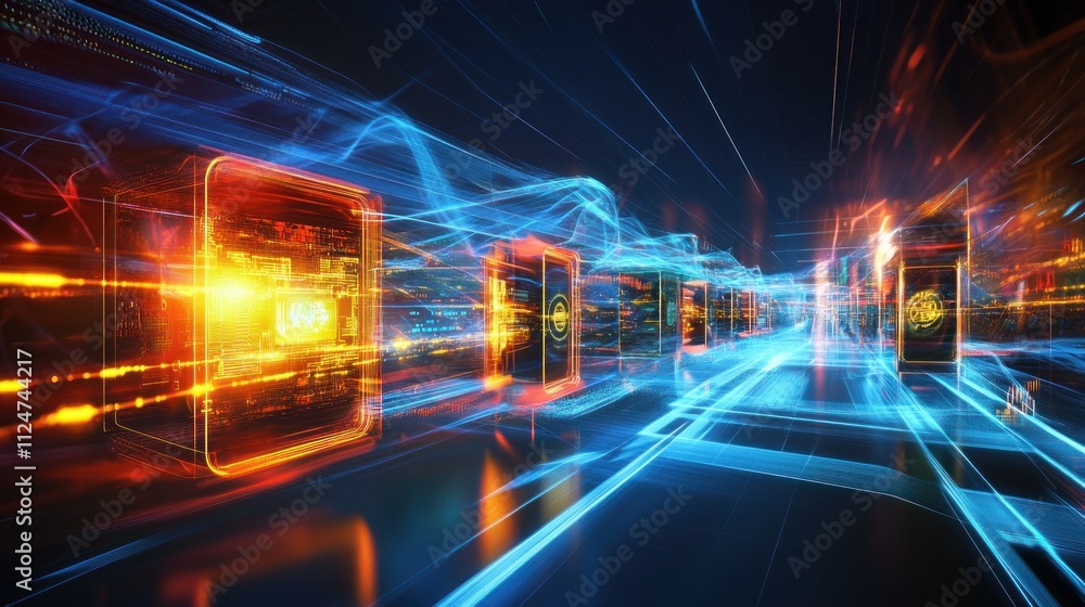 Aufkleber abstract digital data stream flowing through a futuristic server room.