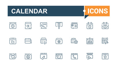 Calendar icon pack. Includes thin line simple, line, app, sign, reminder, hand, business, set. Isolated icons design. Editable vector illustration.