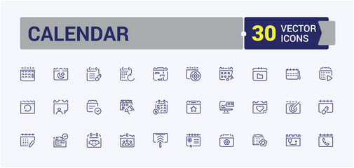Set of Calendar line icons. Contains such icons as set, line, symbol, management, deadline, agenda, appointment, business. Simple icon designs. Editable vector icon and illustration.