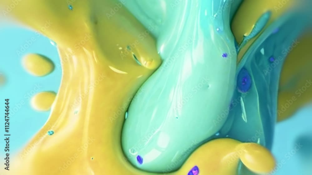 Leinwandbilder Smooth animation of abstract shapes in pastel yellows and blues. The flowing lines gently merge and the smallest drops and splashes come to life, creating an effect of weightlessness and soft dynamics