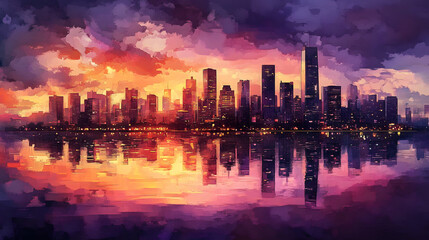 Fototapeta premium Frontal view of a city skyline during sunset, watercolor technique with soft blending of purples, reds, and golds, buildings illuminated with warm light reflections