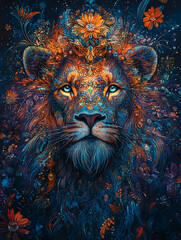 Majestic Lion Adorned with Vibrant Floral Crown: A Mystical Digital Painting of a King