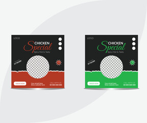 chicken food menu social media post template. Tasty and fresh fried chicken burger with fries social media banner template
