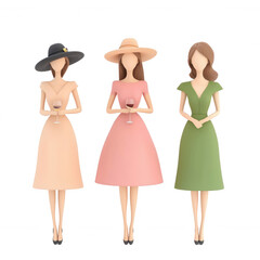 Three stylized women holding drinks, wearing fashionable summer dresses., isolated on a transparent background.