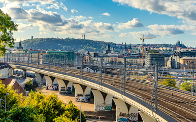 Railway viaduct in Prague center. View from Vitkov hill