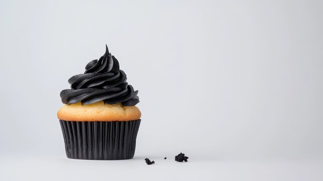Delicious Cupcake with Black Frosting on a Minimalist Background Ideal for Bakery Promotion, Event Planning, or Dessert Menus, Capturing Sweet Treat Appeal