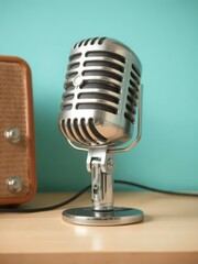 Retro microphone on table against aquamarine wall, vintage