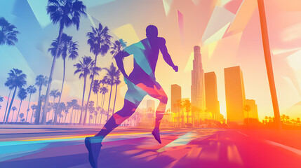 Runner on a scenic beach road at sunset with vibrant colors, Los Angeles city skyline abd palm trees in the background. Showcasing Fitness, tropical vibes and active lifestyle in California Coastal.