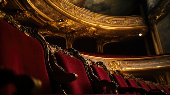 A view of the empty red velvet seats of a theater in Paris, France. The ornate gold details and painted ceiling suggest a grand, historic venue.