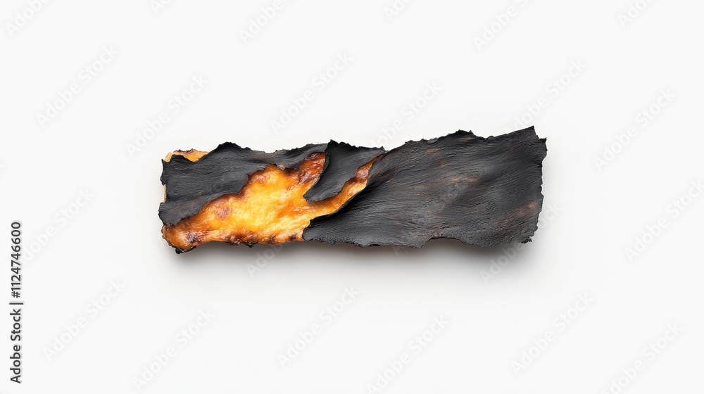 Poster abstract composition of textured charcoal and fiery glowing element on a white background, symbolizi