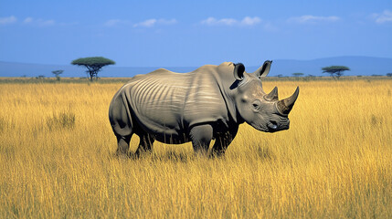 Obraz premium Rhinoceros standing in open grassland under a clear blue sky