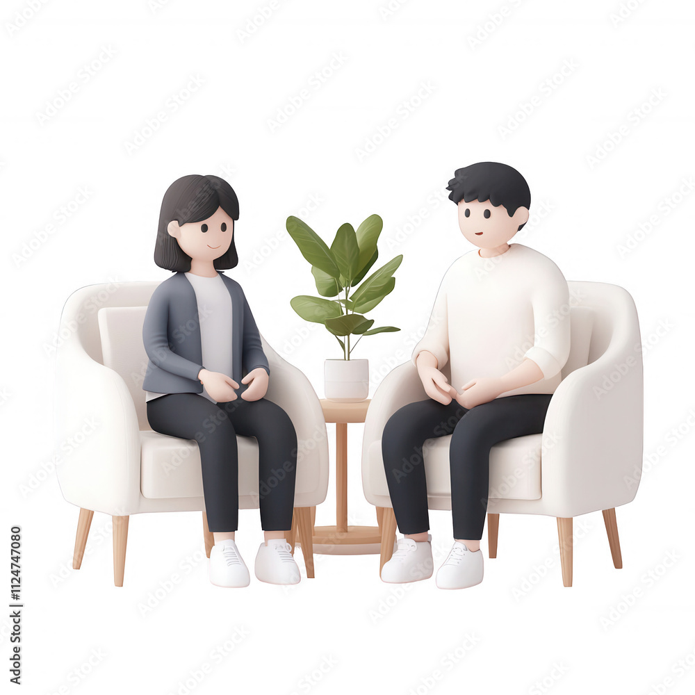 Poster two stylized characters engaged in a conversation with a plant between them., isolated on a transpar