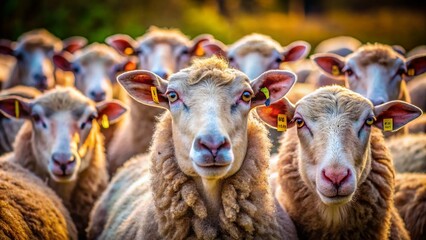 Obraz premium A Stunning Collection of Sheep Heads Displayed with High Depth of Field, Showcasing Their Unique Features and Textures in a Natural Setting, Perfect for Farm and Animal Photography Enthusiasts