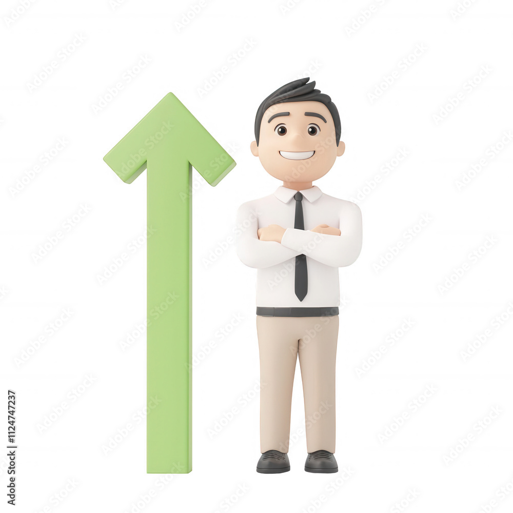 Poster 3d animated character standing confidently next to an upward arrow., isolated on a transparent backg