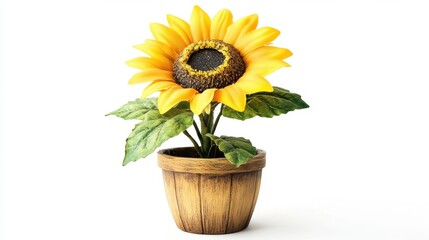 Obraz premium A close-up of a bright artificial sunflower in a painted wooden pot, isolated on a plain white background.