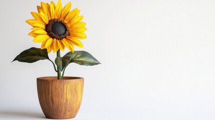 Obraz premium A close-up of a bright artificial sunflower in a painted wooden pot, isolated on a plain white background.