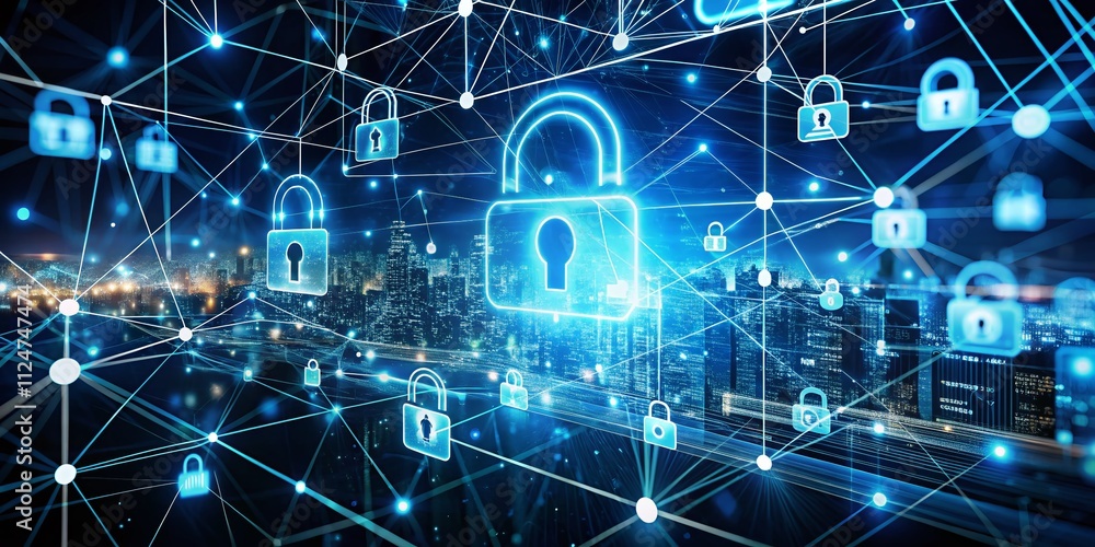 Poster a stunning digital representation of a secure network with glowing locks and interconnected nodes, i