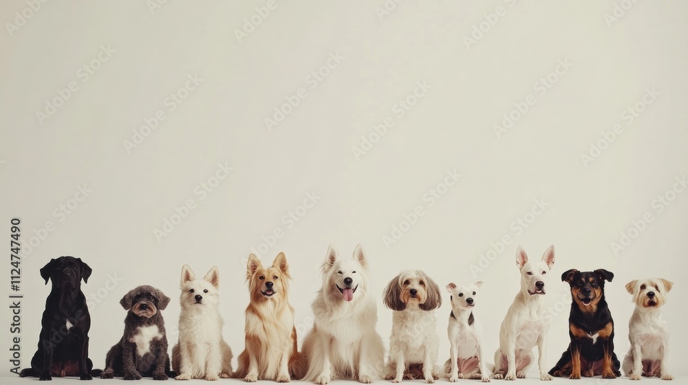 Poster a variety of dog breeds and sizes gather closely together, looking friendly and calm in a spacious s