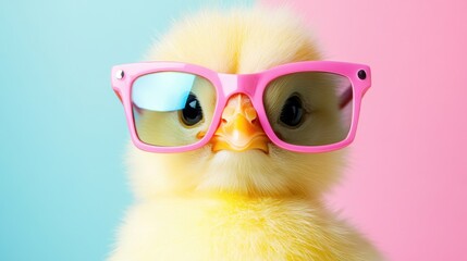 A close-up of a cute Easter chick sporting funky sunglasses, exuding charm and fun on a cheerful spring-colored background.