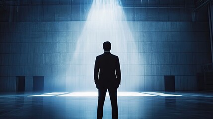 Fototapeta premium Businessman standing in spotlight in large warehouse. Concept of success, leadership, and future.