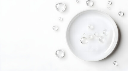 Delicate Orbs in Circular Liquid with Bubbles, Top View on White Background, Minimalist Studio Product Photography.