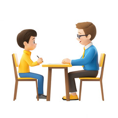 Obraz premium A boy and a man engaged in conversation at a table, promoting bonding and connection., isolated on a transparent background.