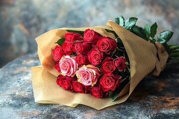 bouquet of red and pink roses wrapped in kraft paper lies on rustic table softly lit and surrounded by generous copy