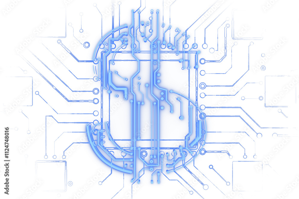 Aufkleber blue circuit lines forming a glowing dollar sign, minimalist digital style on white background. conc
