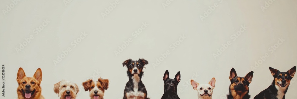 Poster A group of joyful dogs of different breeds and sizes sits together against a blank background, making them ideal for added text. Generative AI