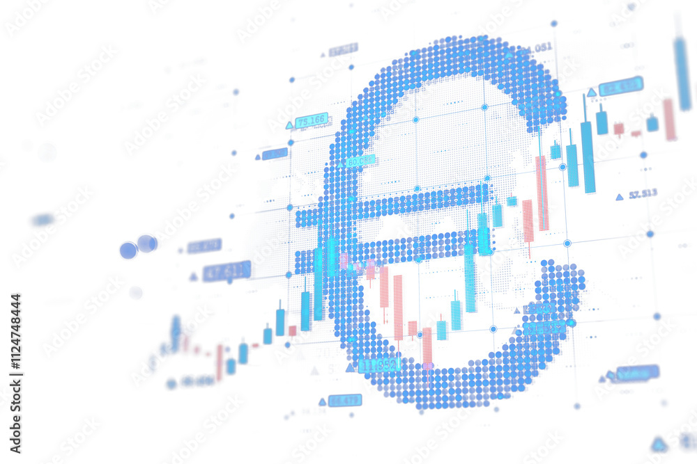 Poster euro currency symbol in a pixelated digital style overlaid on a financial stock chart with candlesti